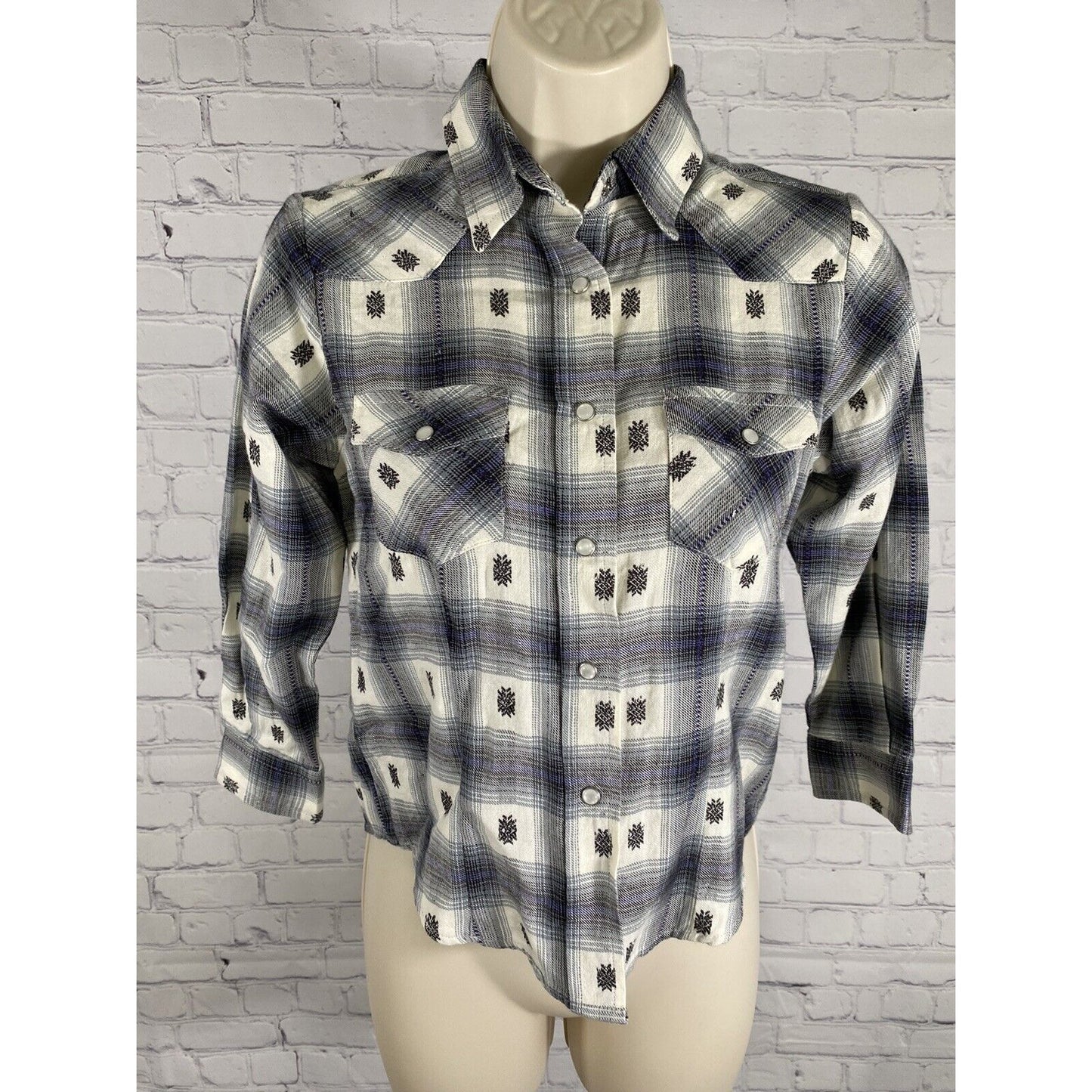 Sherry Cervi Long Sleeve Gray White Purple Embroidered Pearl Snap Shirt Girls L