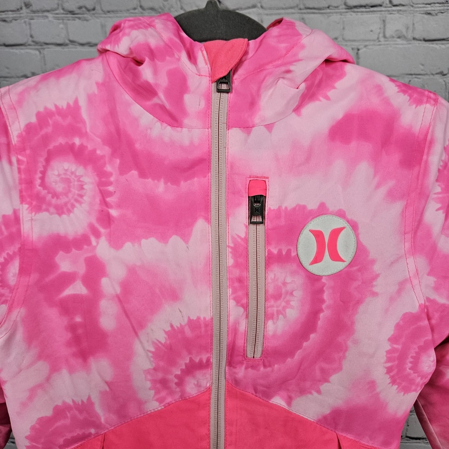 Hurley Pink Swirl Hooded Fleece Lined Insulated Full Zip Jacket 7/8