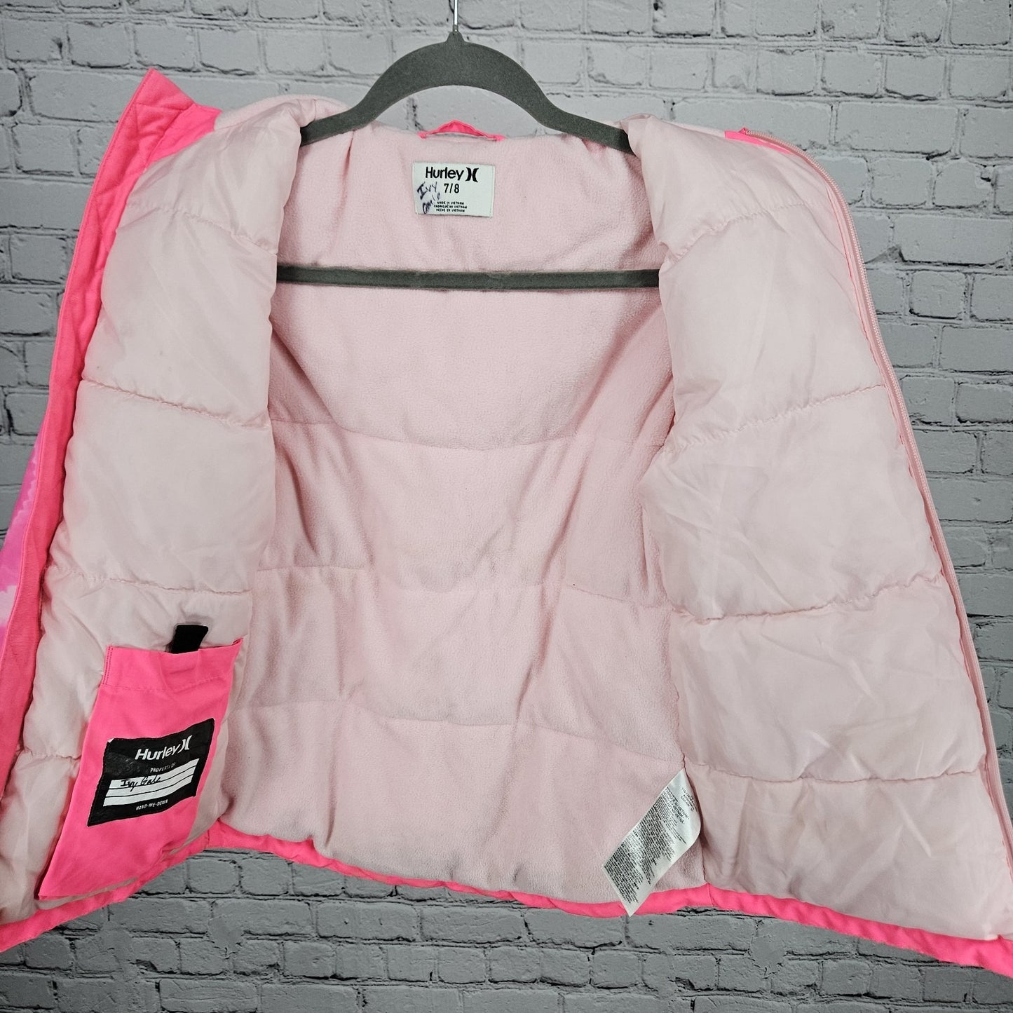 Hurley Pink Swirl Hooded Fleece Lined Insulated Full Zip Jacket 7/8