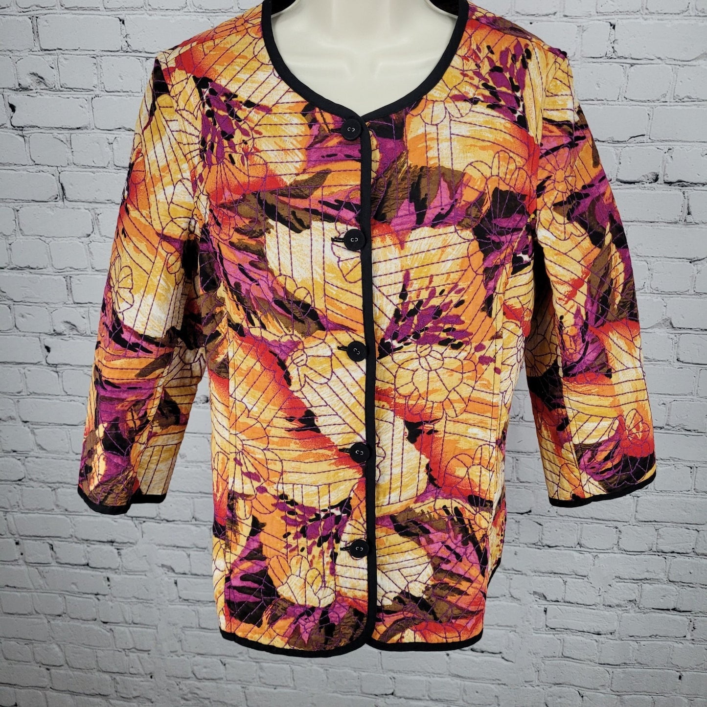 Chico's Multicolor 100% Cotton Floral Embroidered Quilted Jacket Size 1 US 8