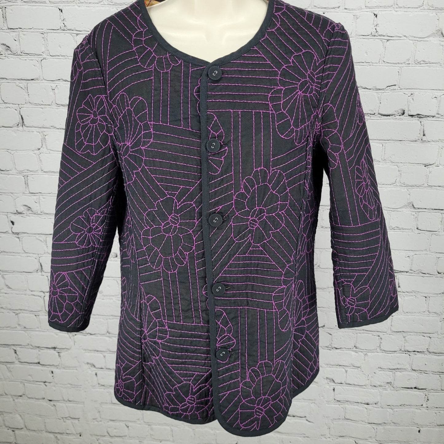Chico's Multicolor 100% Cotton Floral Embroidered Quilted Jacket Size 1 US 8