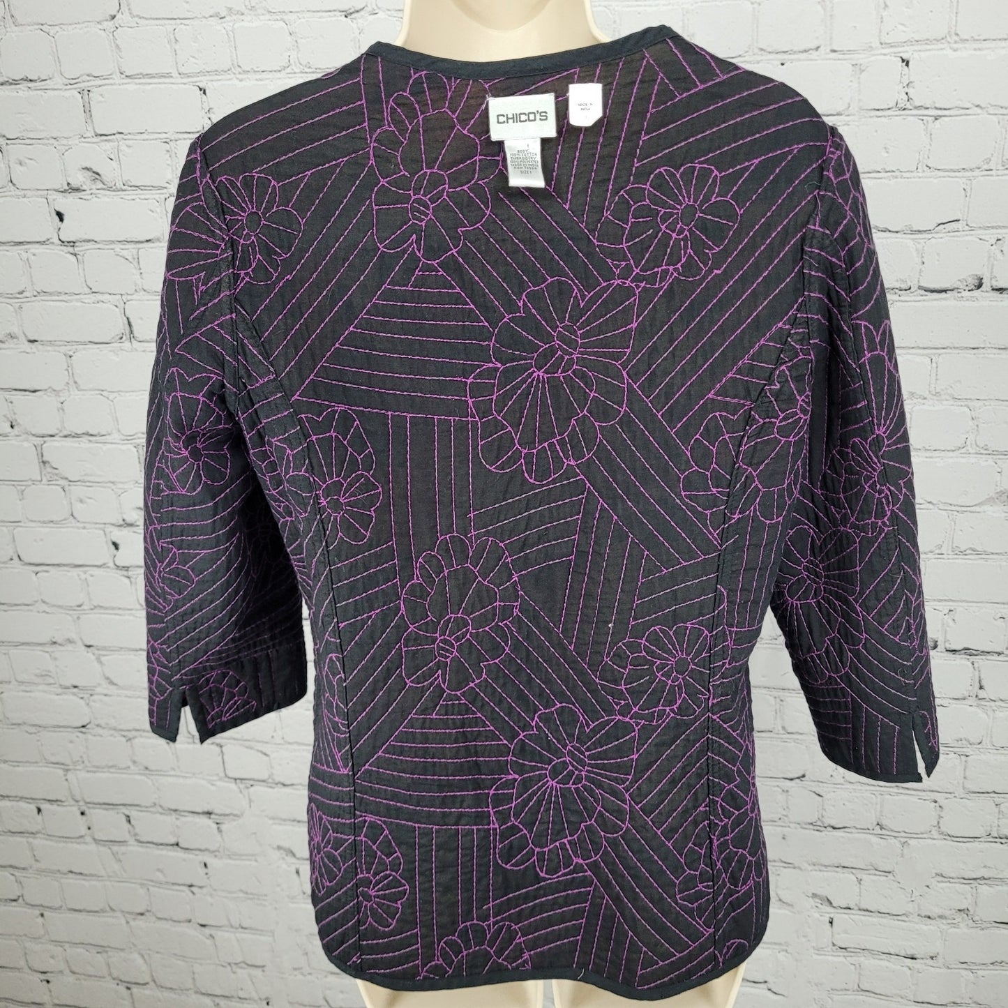 Chico's Multicolor 100% Cotton Floral Embroidered Quilted Jacket Size 1 US 8