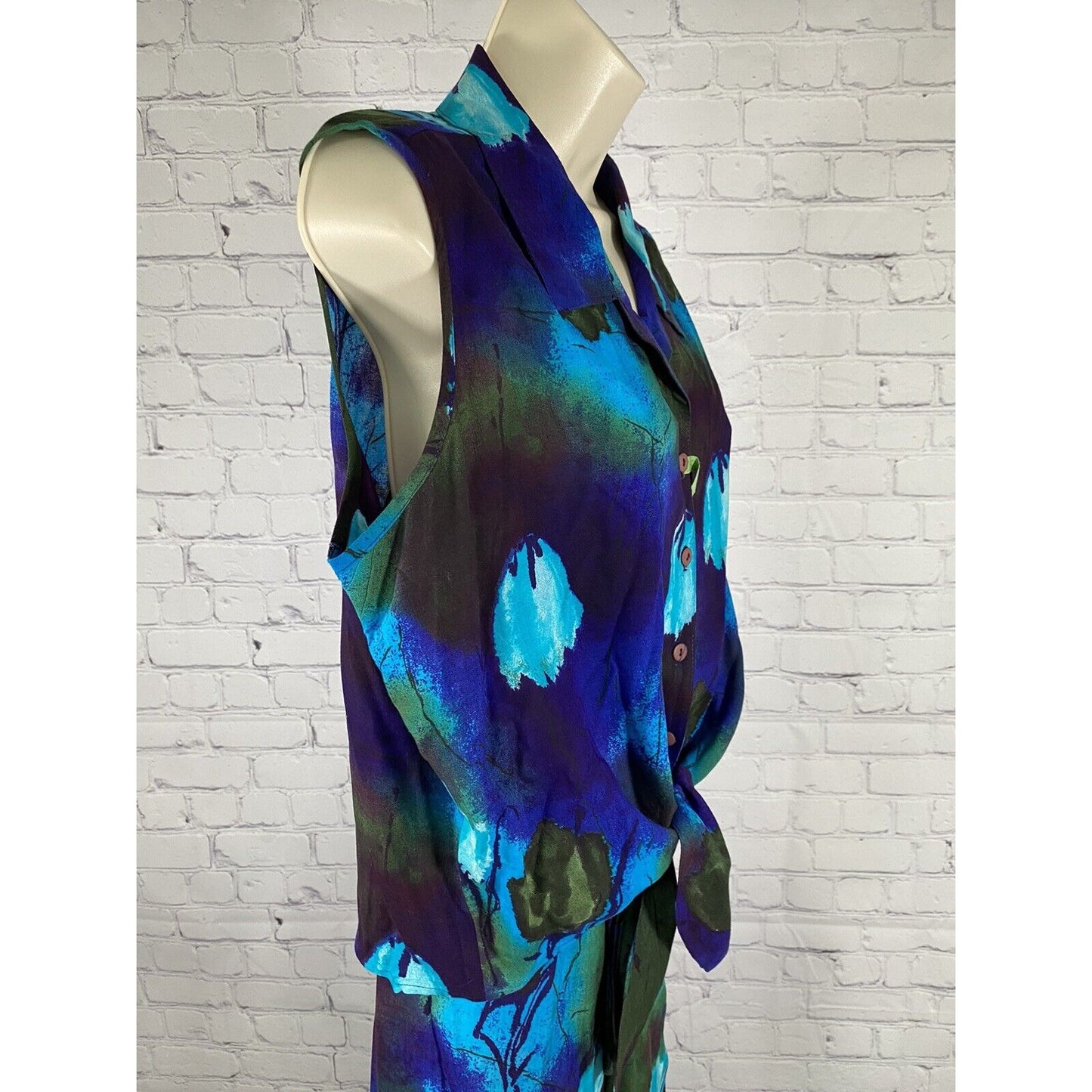 VTG Caribou New York Two Piece Blue Purple Green Pants Sleeveless Top Womens L