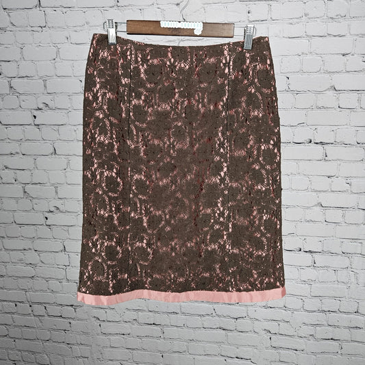 VTG Harold's Pink Silk Brown Crochet Lace Overlay Pencil Knee Length Skirt USA 8