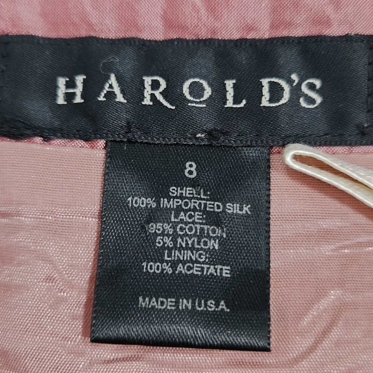 VTG Harold's Pink Silk Brown Crochet Lace Overlay Pencil Knee Length Skirt USA 8