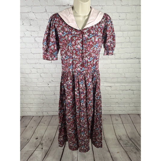 VTG Rosslee Red Colorful Floral Cottagecore Short Puff Sleeve Shirt Dress 4