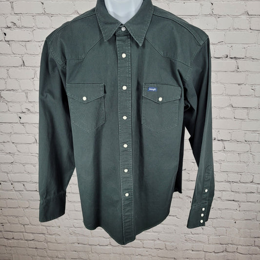 VTG Wrangler Dark Green Heavy Cotton Western Pearl Snap Long Sleeve Shirt XL