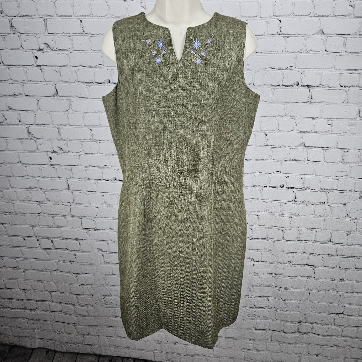 VTG Villager Liz Claiborne Green Herringbone Floral Sheath Lined Midi Dress 12P