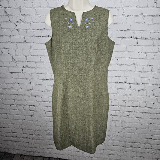 VTG Villager Liz Claiborne Green Herringbone Floral Sheath Lined Midi Dress 12P