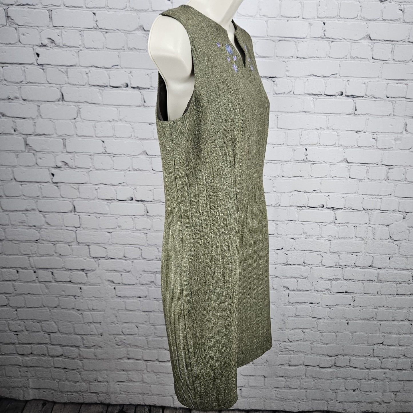 VTG Villager Liz Claiborne Green Herringbone Floral Sheath Lined Midi Dress 12P