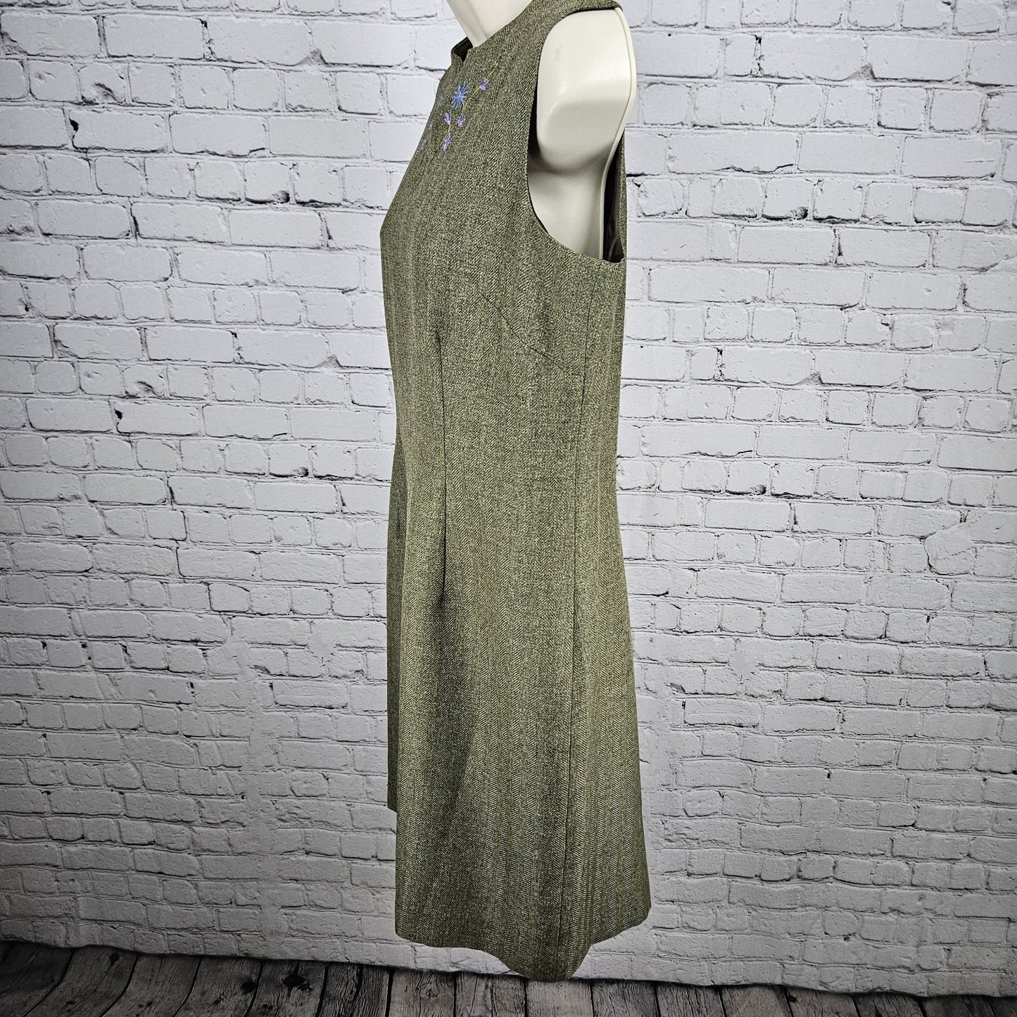 VTG Villager Liz Claiborne Green Herringbone Floral Sheath Lined Midi Dress 12P