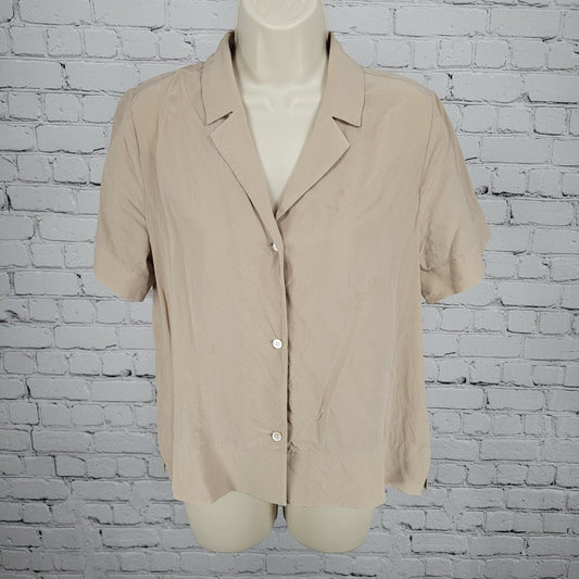 Everlane Beige 100% Silk Buttoned Up Short Sleeve Lightweight Shirt Top Size 6