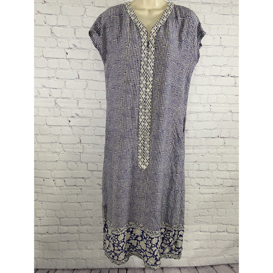 Patio Casuals Cabernet Long Blue White Floral Embroidered Pockets Dress S Small