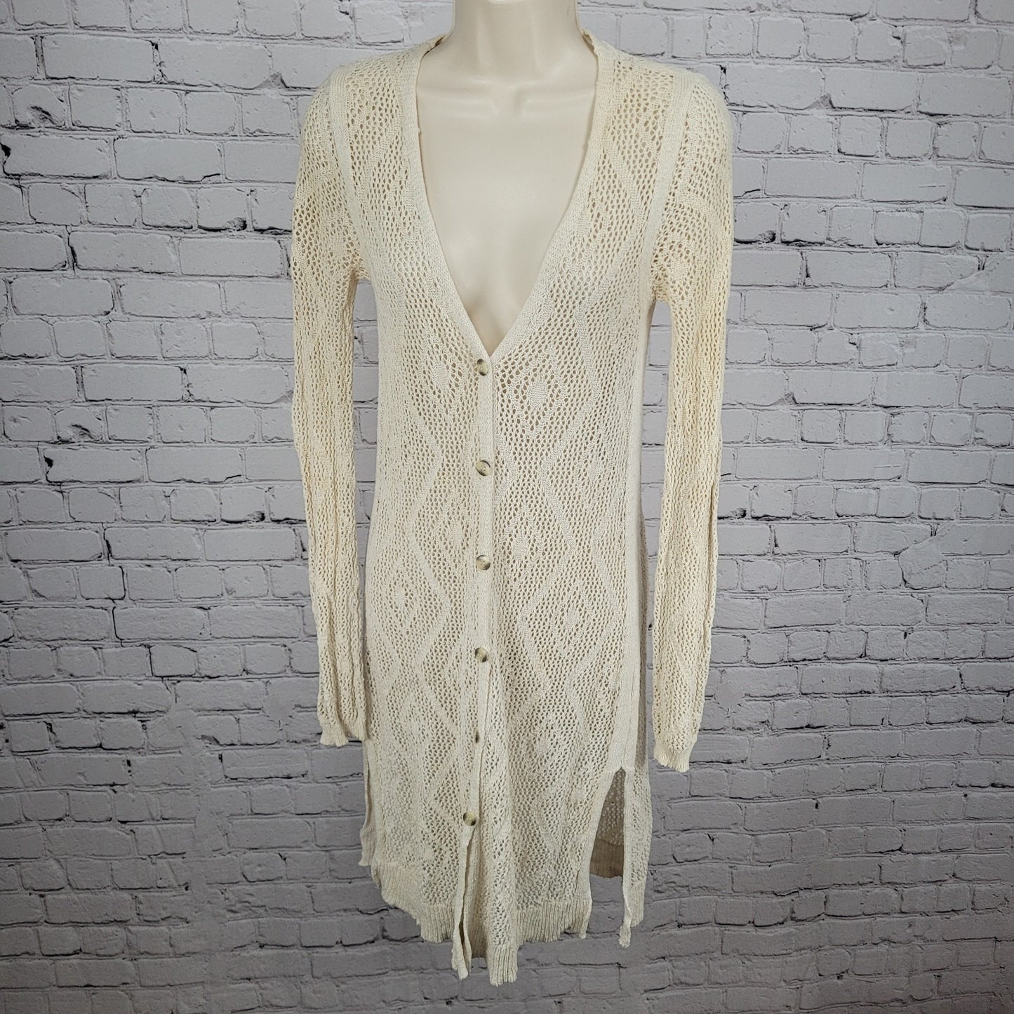Free People Beige Crochet Sheer Buttoned Long Sleeve Cardigan Sweater Small S