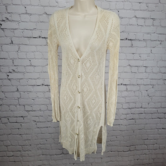 Free People Beige Crochet Sheer Buttoned Long Sleeve Cardigan Sweater Small S