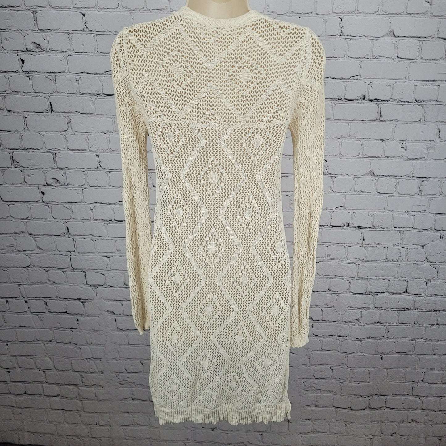 Free People Beige Crochet Sheer Buttoned Long Sleeve Cardigan Sweater Small S