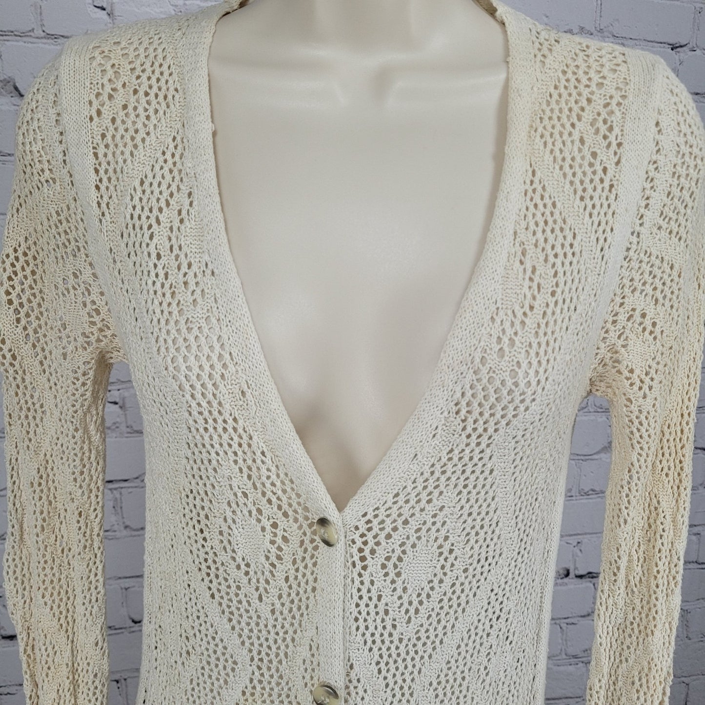Free People Beige Crochet Sheer Buttoned Long Sleeve Cardigan Sweater Small S