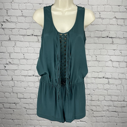 NWD BCBG MAXAZRIA Green Silk Lightweight Tassled Cut Out Romper Pockets Size XS