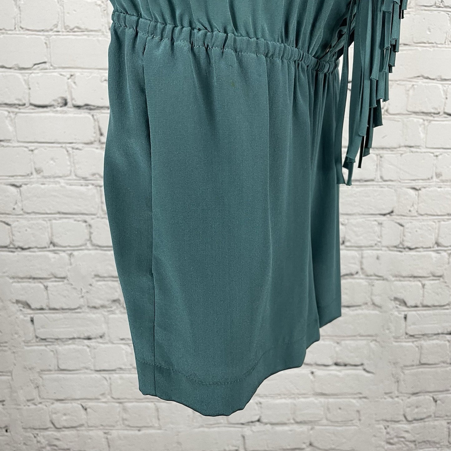 NWD BCBG MAXAZRIA Green Silk Lightweight Tassled Cut Out Romper Pockets Size XS