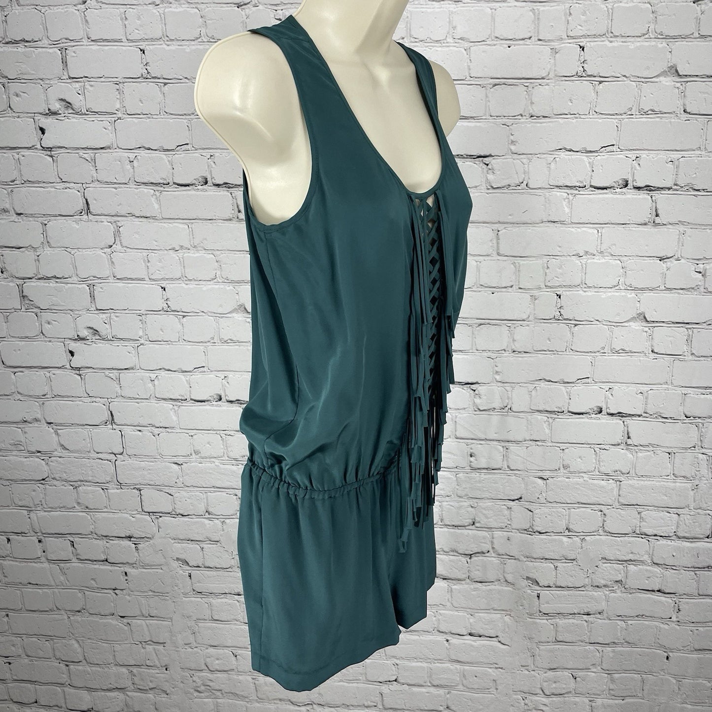 NWD BCBG MAXAZRIA Green Silk Lightweight Tassled Cut Out Romper Pockets Size XS