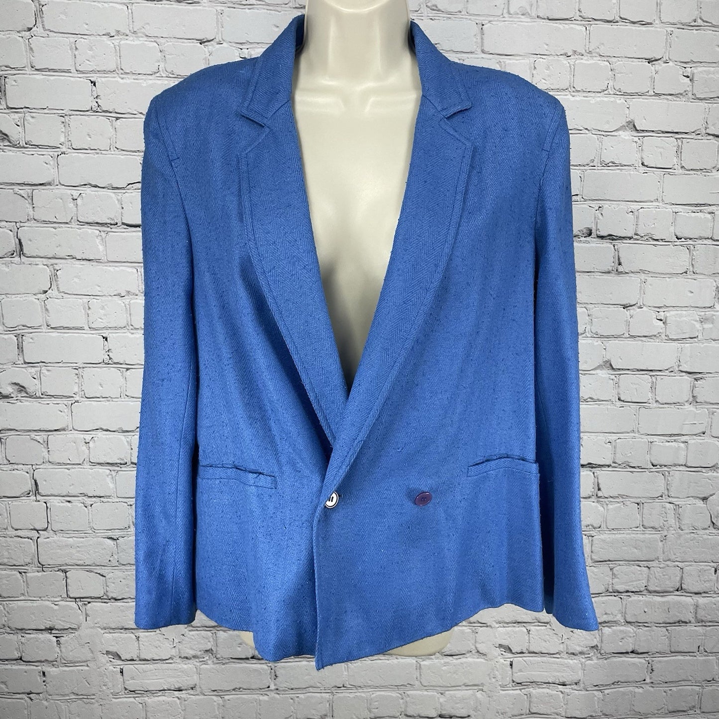 VTG NWD Alicia JC Penney Blue 100% Silk Textured Herringbone Blazer Jacket 16