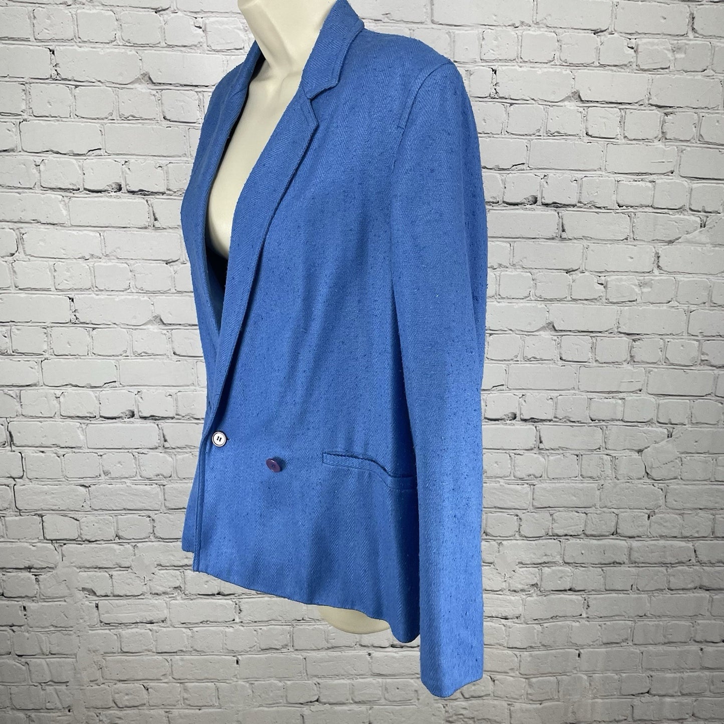 VTG NWD Alicia JC Penney Blue 100% Silk Textured Herringbone Blazer Jacket 16