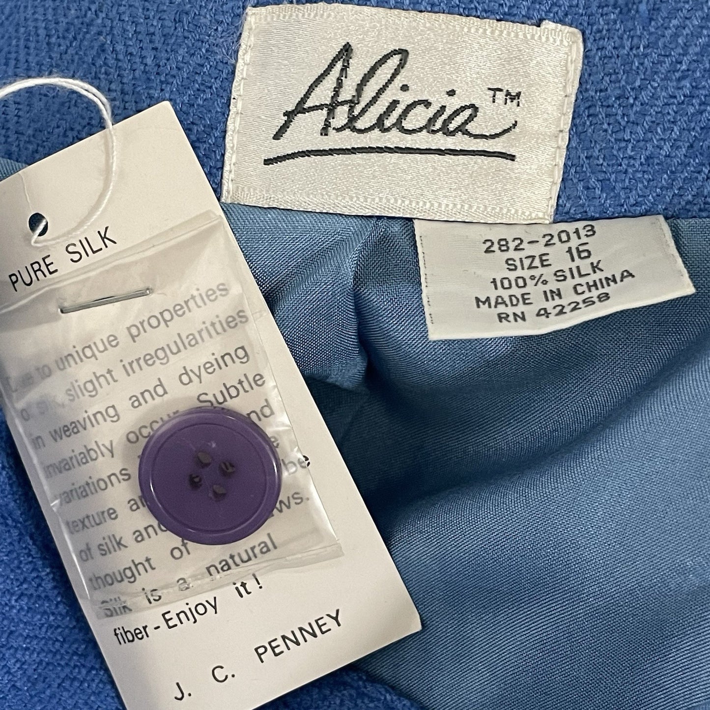 VTG NWD Alicia JC Penney Blue 100% Silk Textured Herringbone Blazer Jacket 16