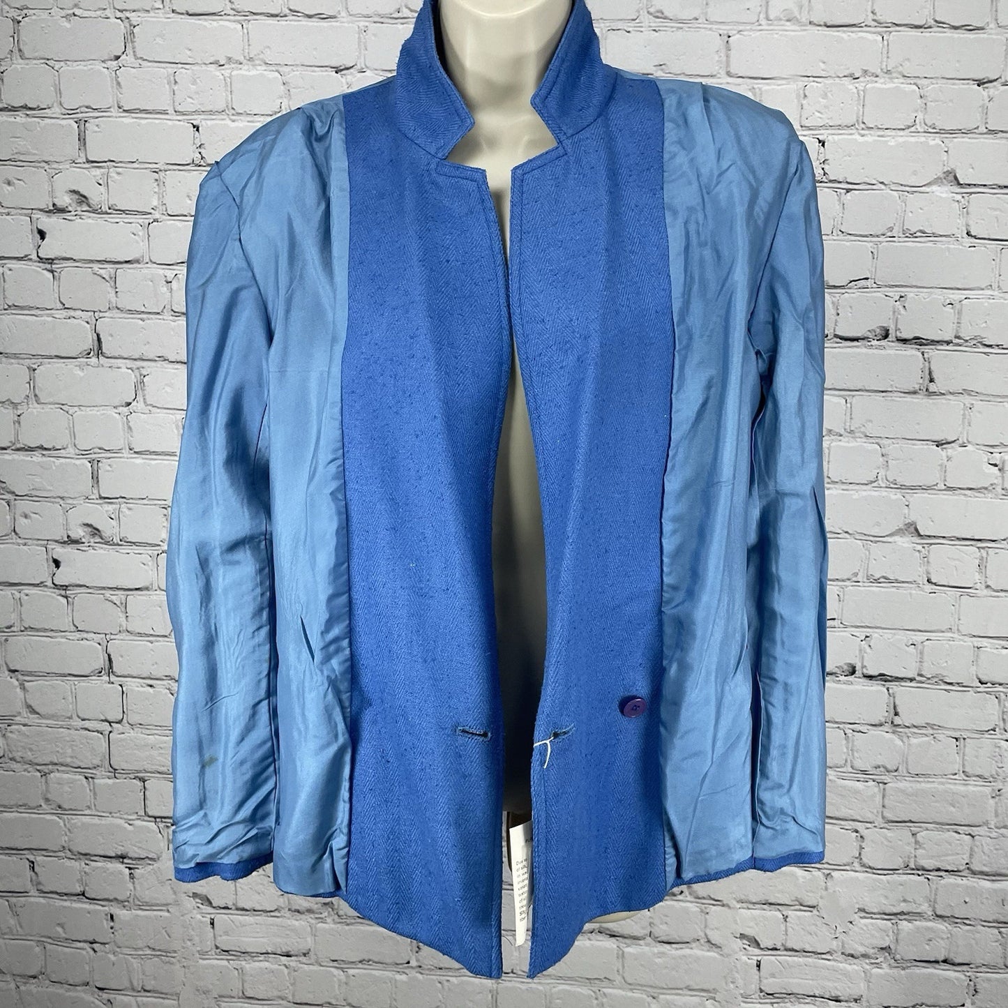 VTG NWD Alicia JC Penney Blue 100% Silk Textured Herringbone Blazer Jacket 16