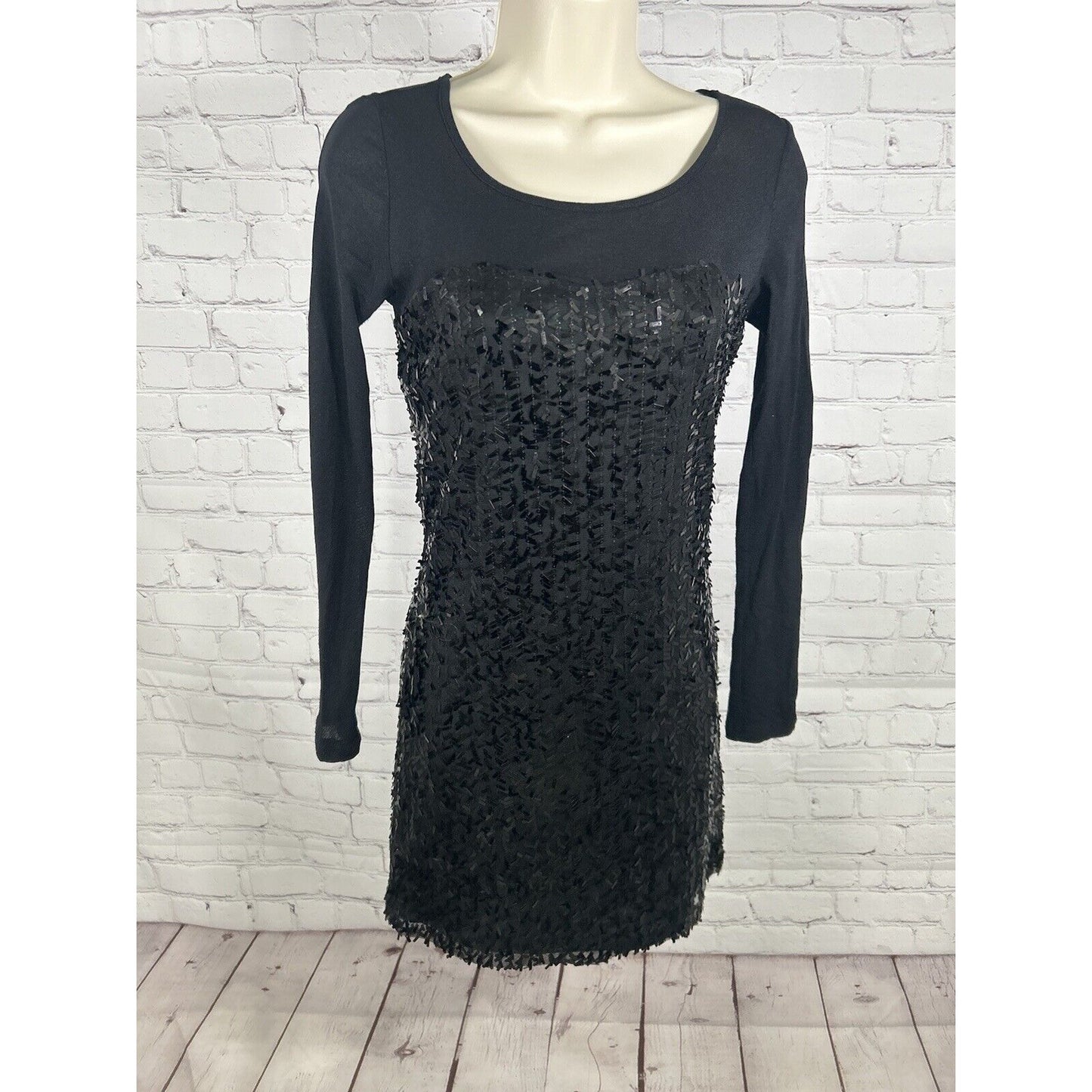 Aqua Black Long Sleeve Sequined Pullover Mesh Bodycon Party Dress Women’s S