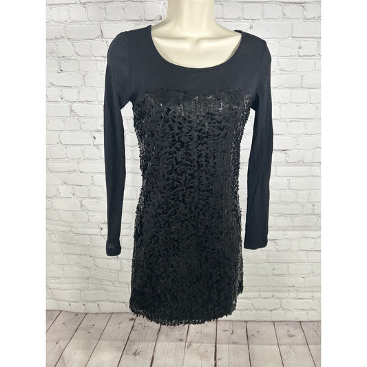 Aqua Black Long Sleeve Sequined Pullover Mesh Bodycon Party Dress Women’s S