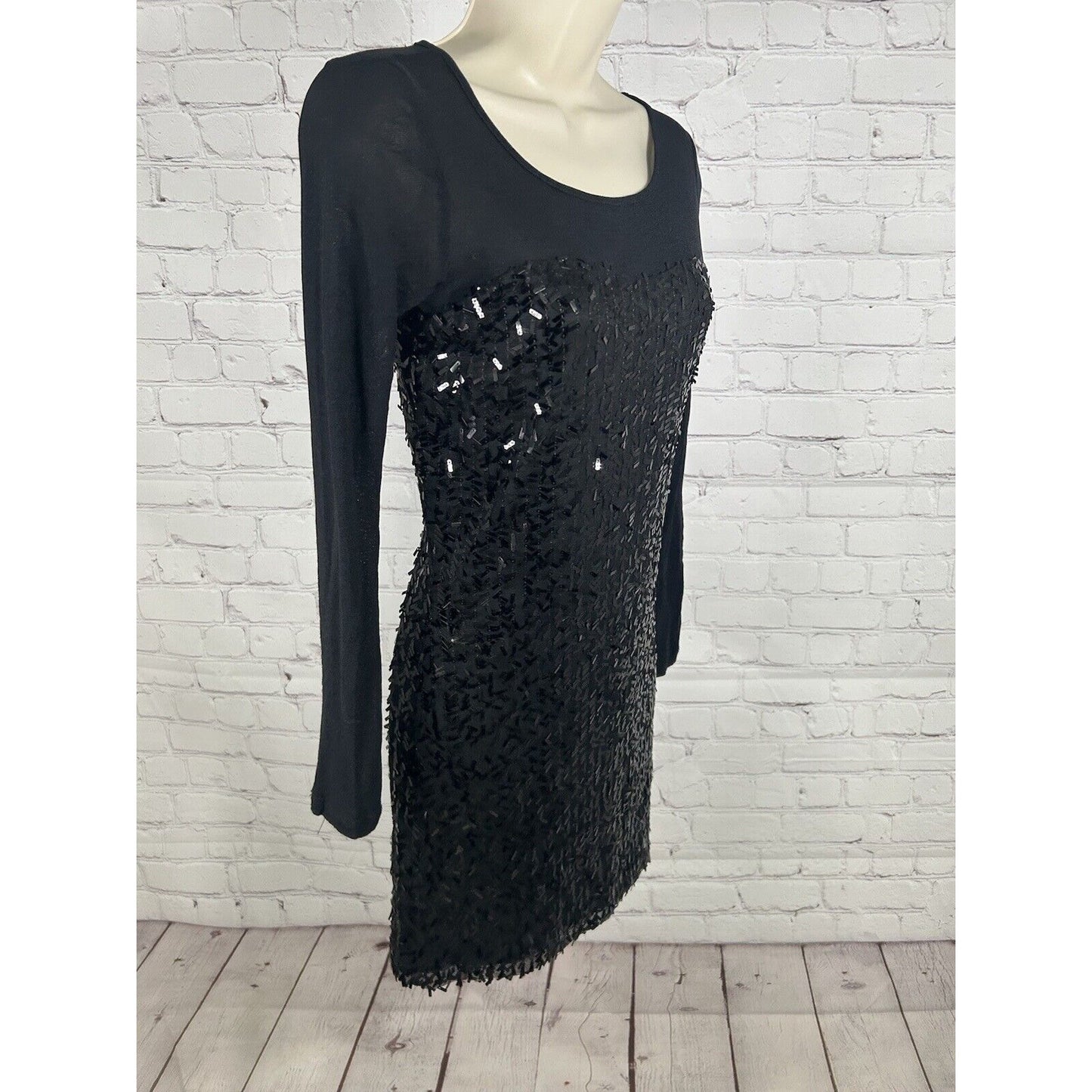 Aqua Black Long Sleeve Sequined Pullover Mesh Bodycon Party Dress Women’s S