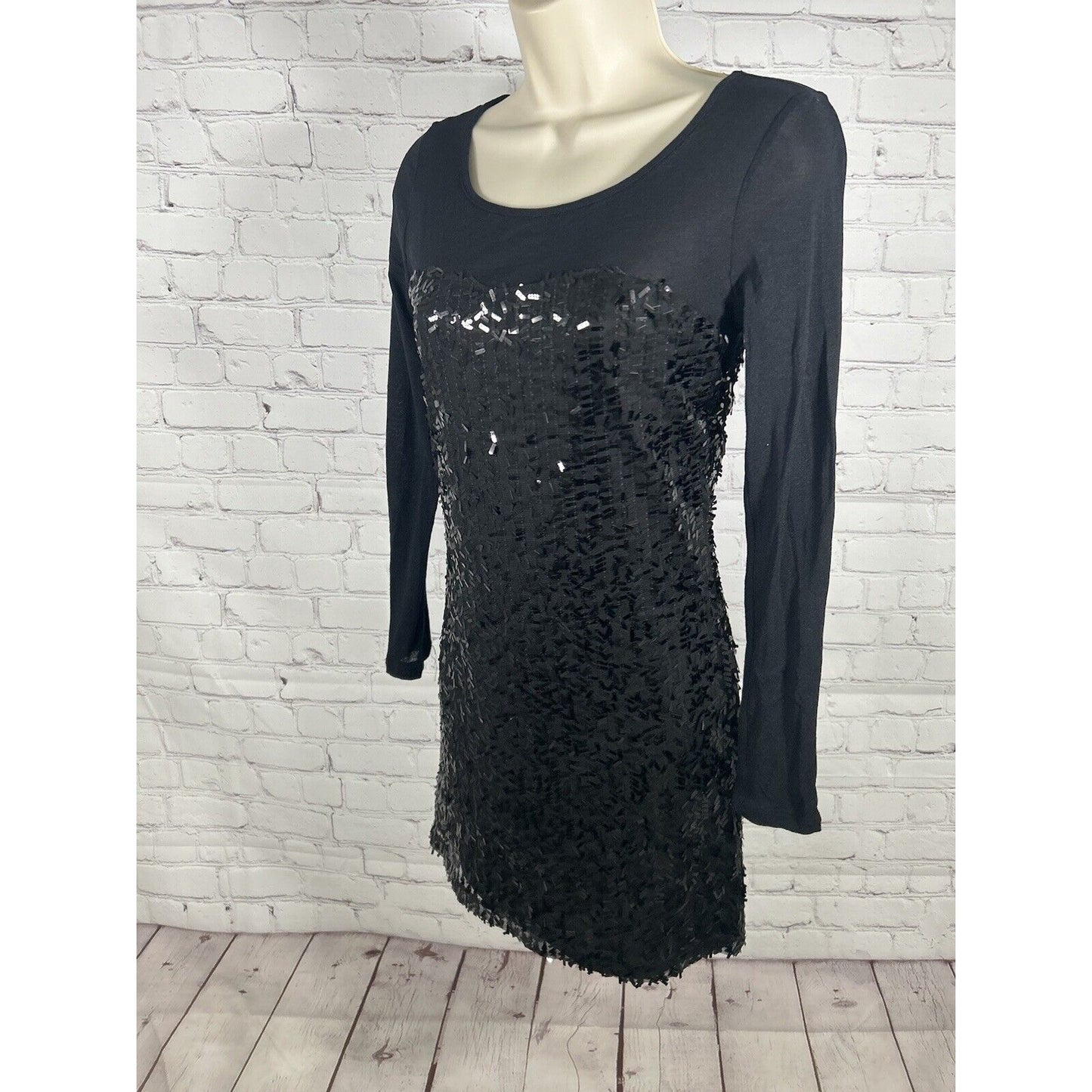 Aqua Black Long Sleeve Sequined Pullover Mesh Bodycon Party Dress Women’s S