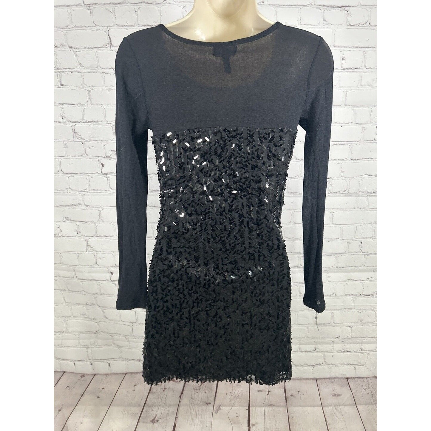 Aqua Black Long Sleeve Sequined Pullover Mesh Bodycon Party Dress Women’s S