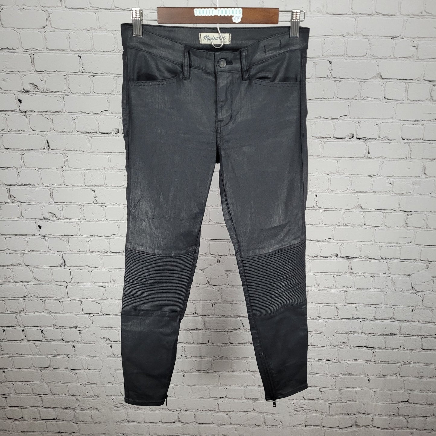 Madewell Black Waxed Skinny Skinny Moto Mid Rise Ankle Zip Pants Size 27 (27x27)
