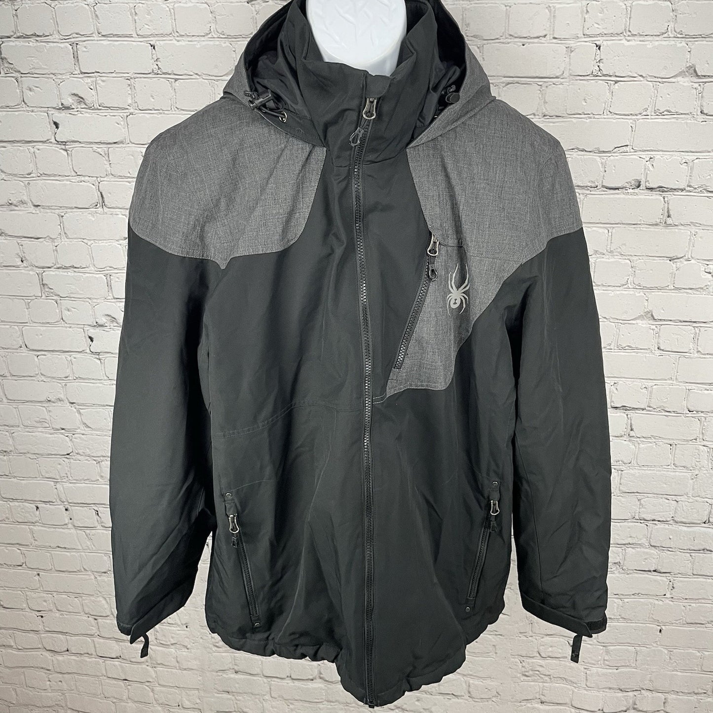 Spyder Black Thinsulate Insulated Double Zipped Hooded Jacket Pockets Size XL