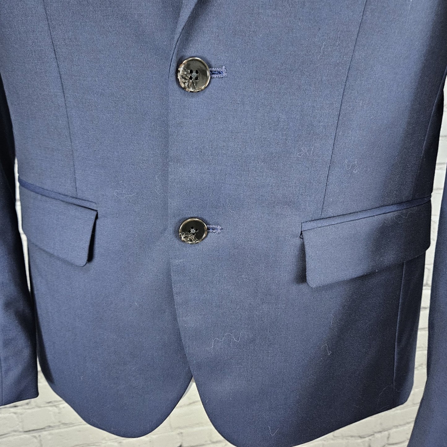 Moss London Navy Slim Fit V2 2 Button Double Vented Notch Blazer Sport Coat 36S