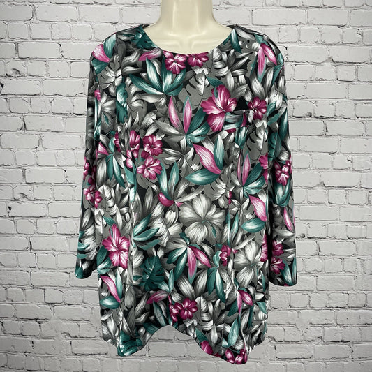 VTG MCS Ltd Grey Floral Hawaiian Long Sleeve Blouse Stretch USA Made Size 20W