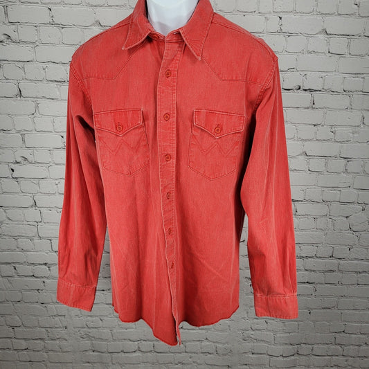 VTG Wrangler Red Cotton Western Button Up Long Sleeve Shirt USA Made Size 16-35