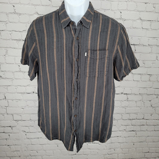 Katin Grey Brown Striped Cotton Linen Blend Button Up Shirt Size MD Medium