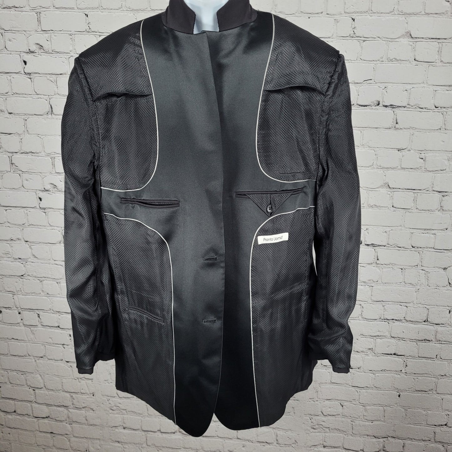 Pronto Uomo Black 100% Wool 2 Button Satin Notch Tuxedo Blazer Suit Jacket 46L