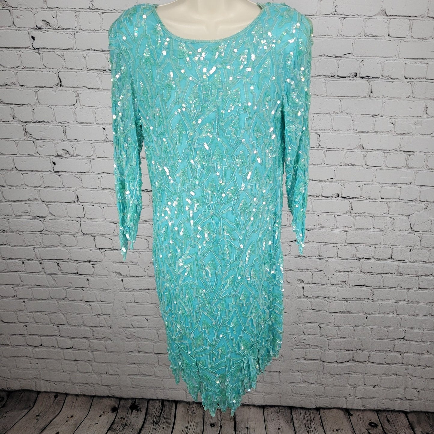 VTG Swee Lo Blue 100% Silk Sequin Beaded 3/4 Sleeve Lined Dress Size Small S