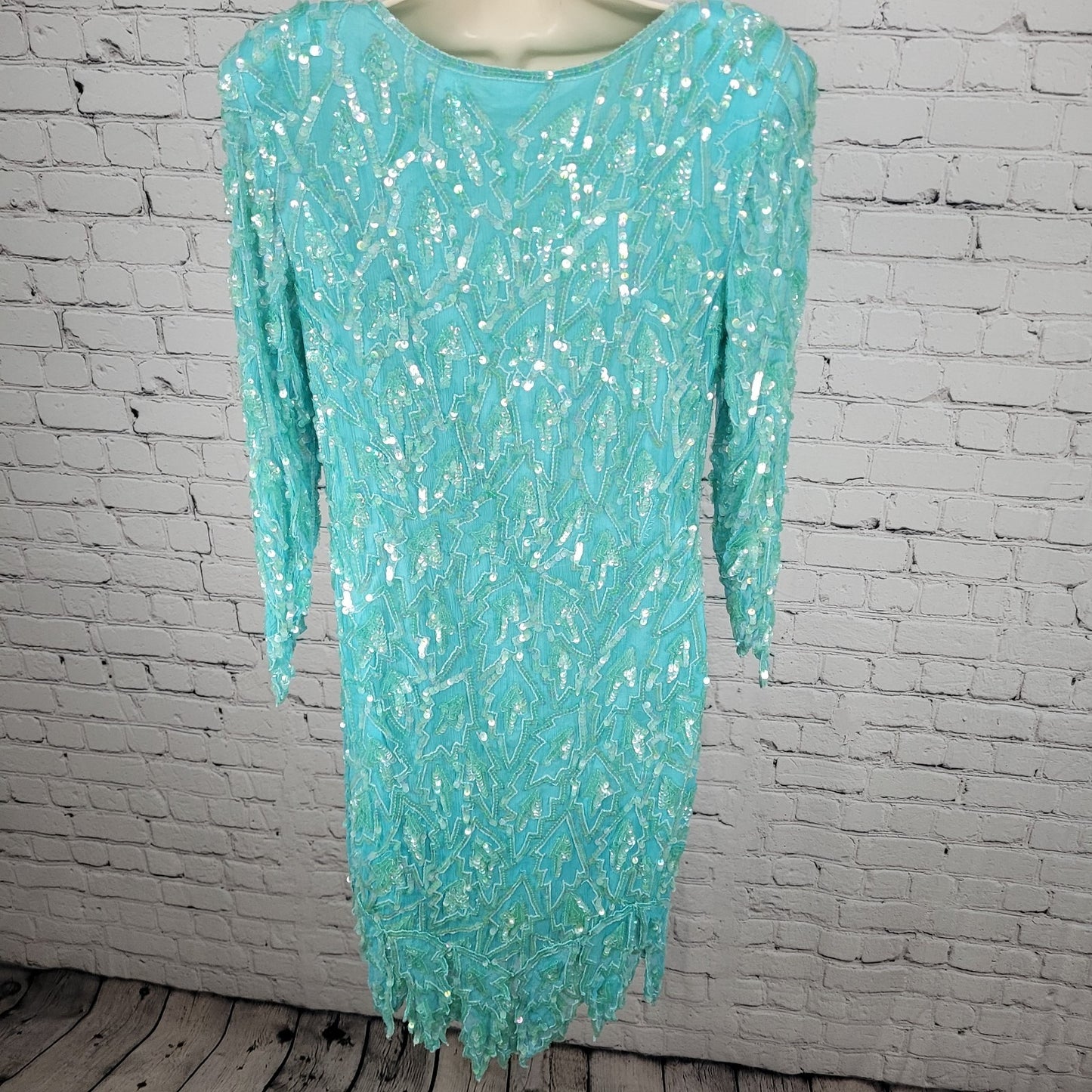 VTG Swee Lo Blue 100% Silk Sequin Beaded 3/4 Sleeve Lined Dress Size Small S