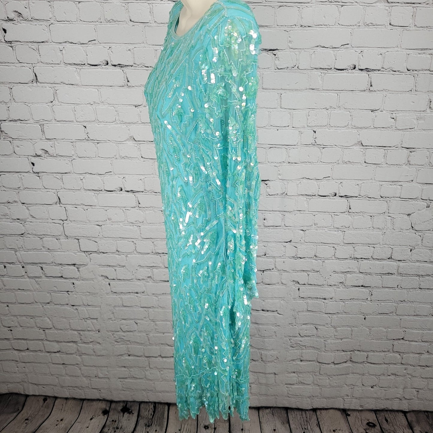 VTG Swee Lo Blue 100% Silk Sequin Beaded 3/4 Sleeve Lined Dress Size Small S