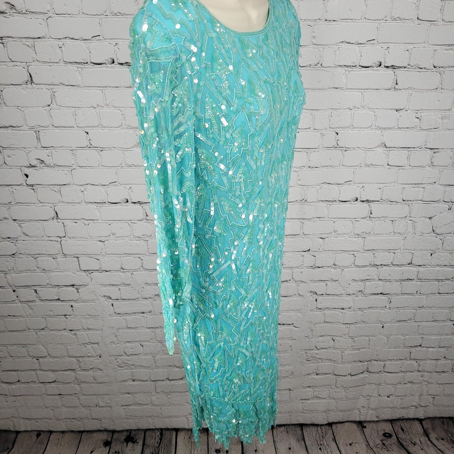VTG Swee Lo Blue 100% Silk Sequin Beaded 3/4 Sleeve Lined Dress Size Small S