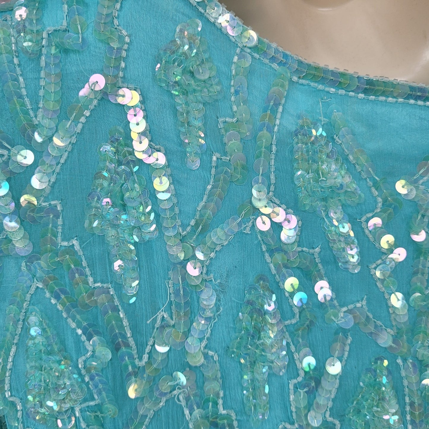 VTG Swee Lo Blue 100% Silk Sequin Beaded 3/4 Sleeve Lined Dress Size Small S