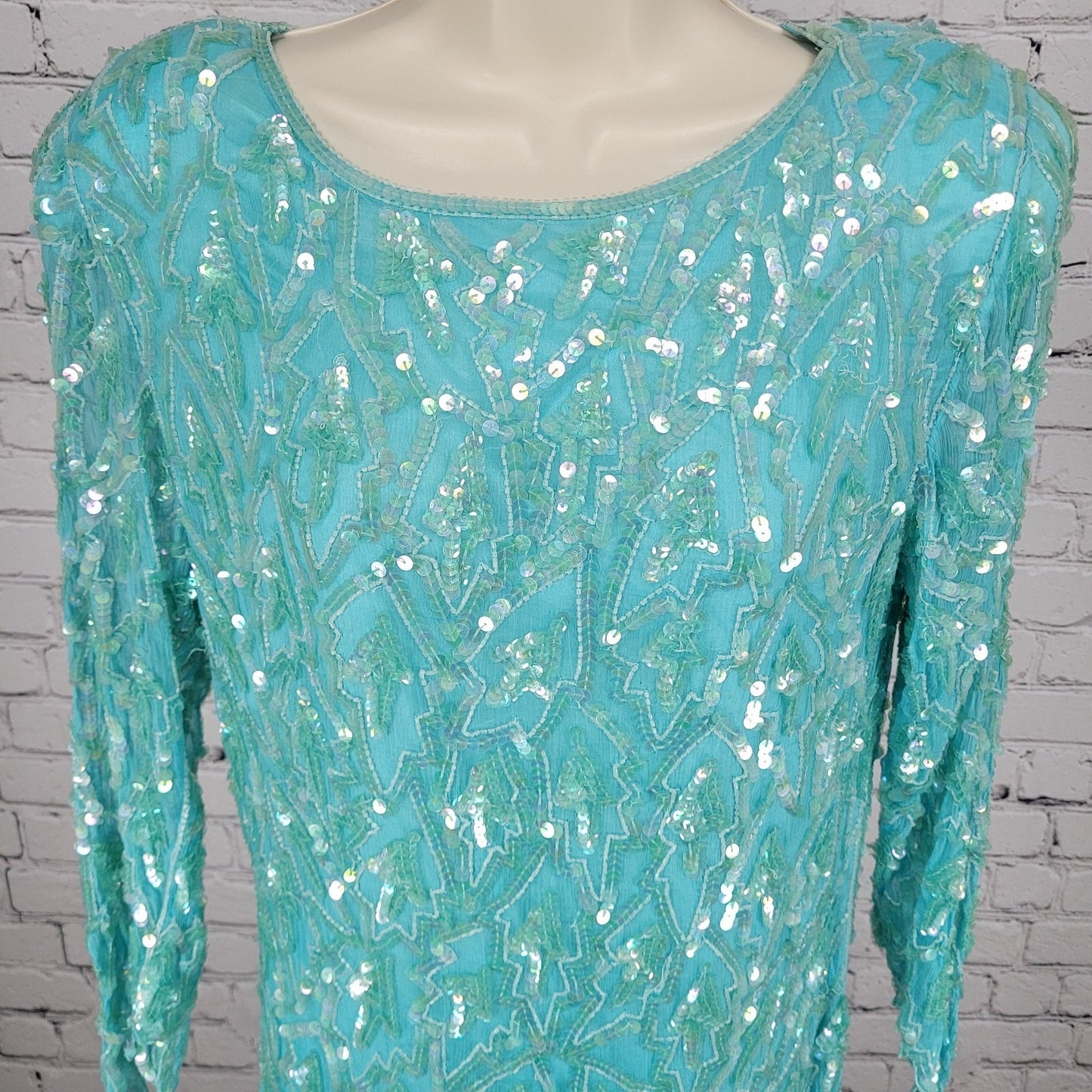 VTG Swee Lo Blue 100% Silk Sequin Beaded 3/4 Sleeve Lined Dress Size Small S