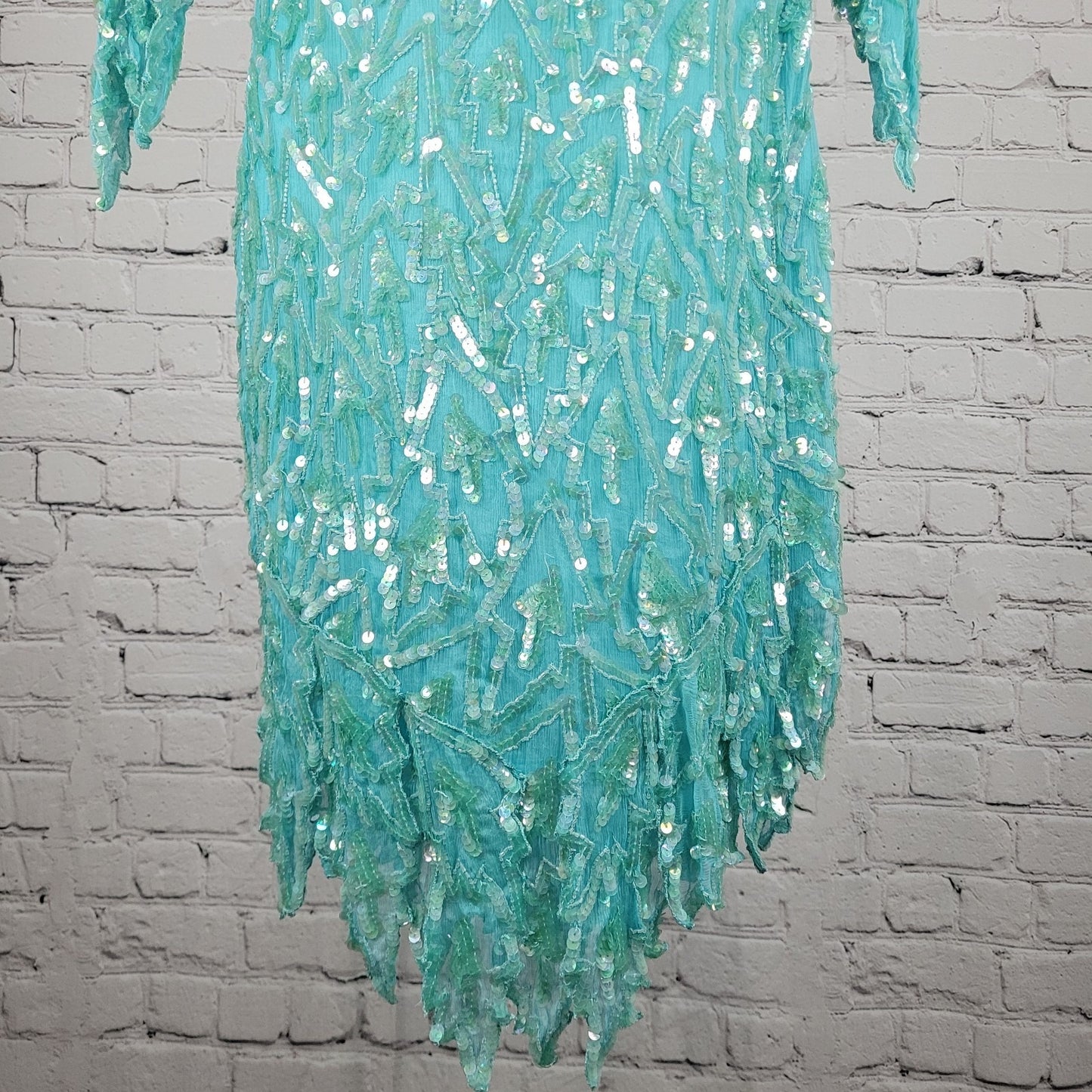 VTG Swee Lo Blue 100% Silk Sequin Beaded 3/4 Sleeve Lined Dress Size Small S