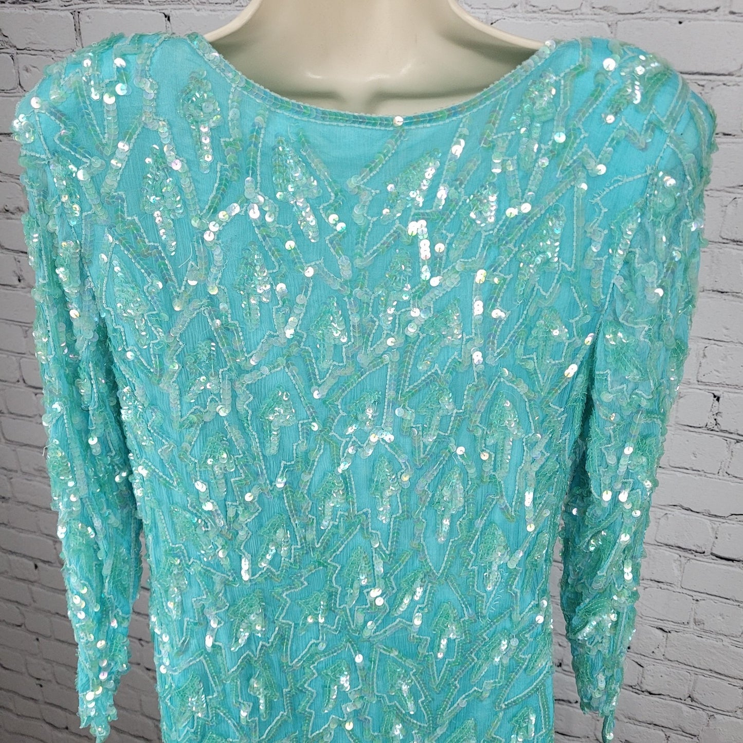 VTG Swee Lo Blue 100% Silk Sequin Beaded 3/4 Sleeve Lined Dress Size Small S