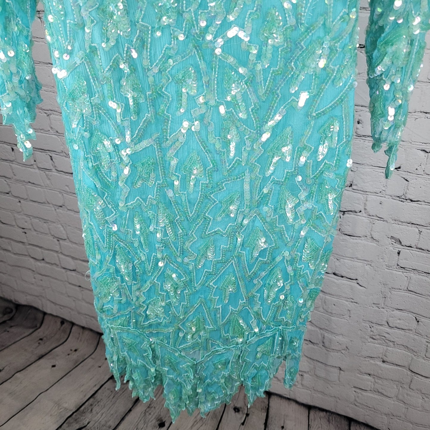 VTG Swee Lo Blue 100% Silk Sequin Beaded 3/4 Sleeve Lined Dress Size Small S