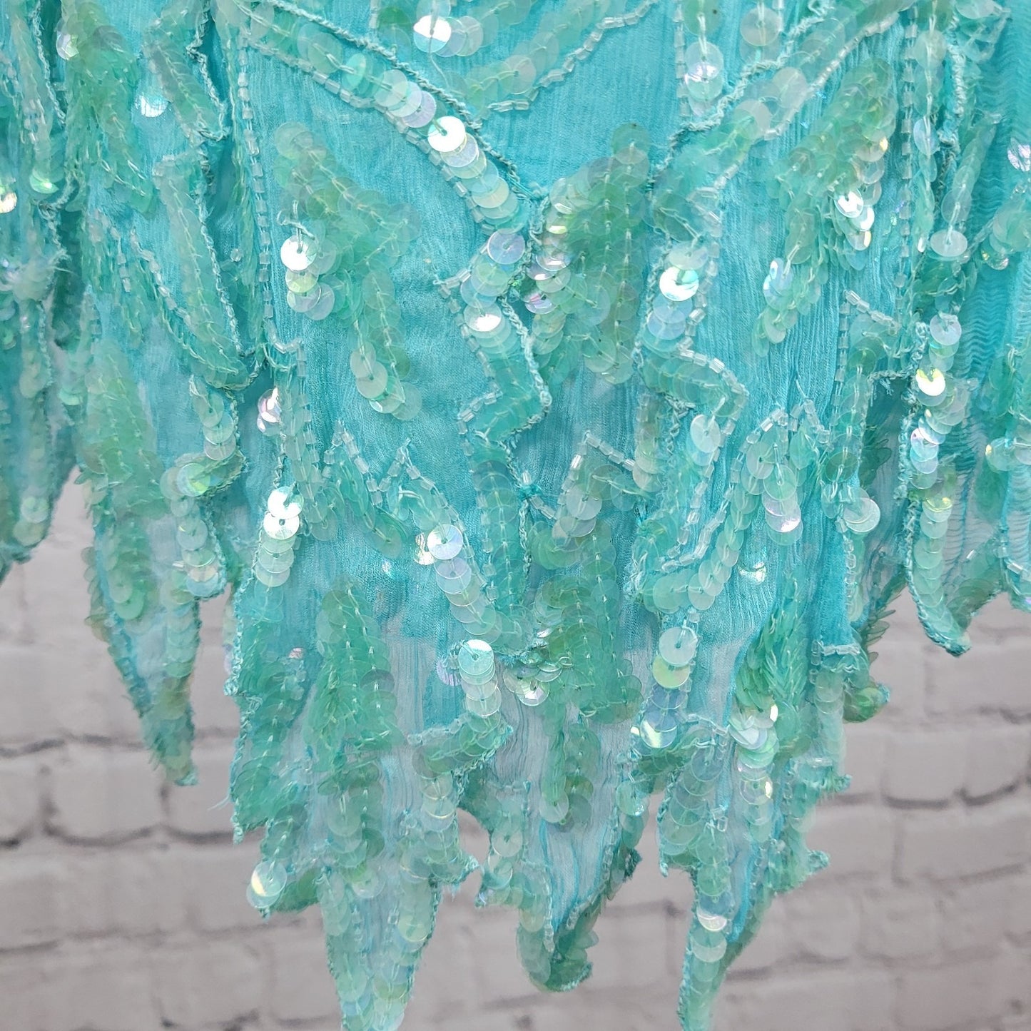 VTG Swee Lo Blue 100% Silk Sequin Beaded 3/4 Sleeve Lined Dress Size Small S